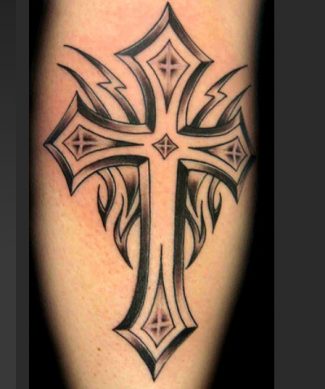simple black cross tattoo on back