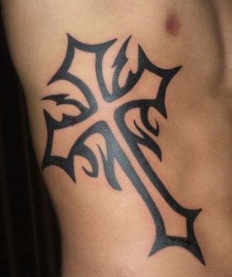 simple black cross tattoo on back