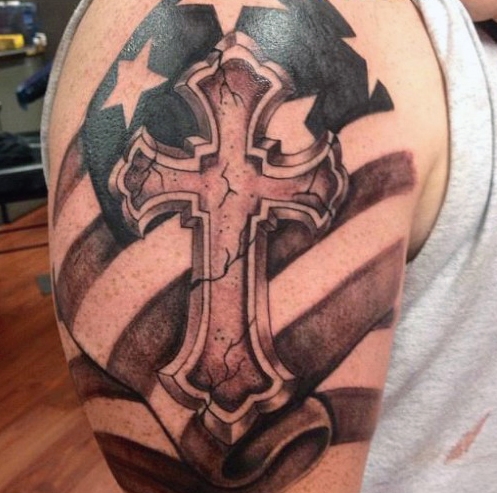 in god we trust tattoo with cross and american flag  EntertainmentMesh